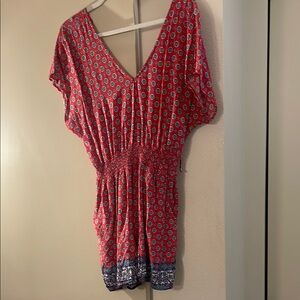 Red and Blue Patterned V-Neck Jumper